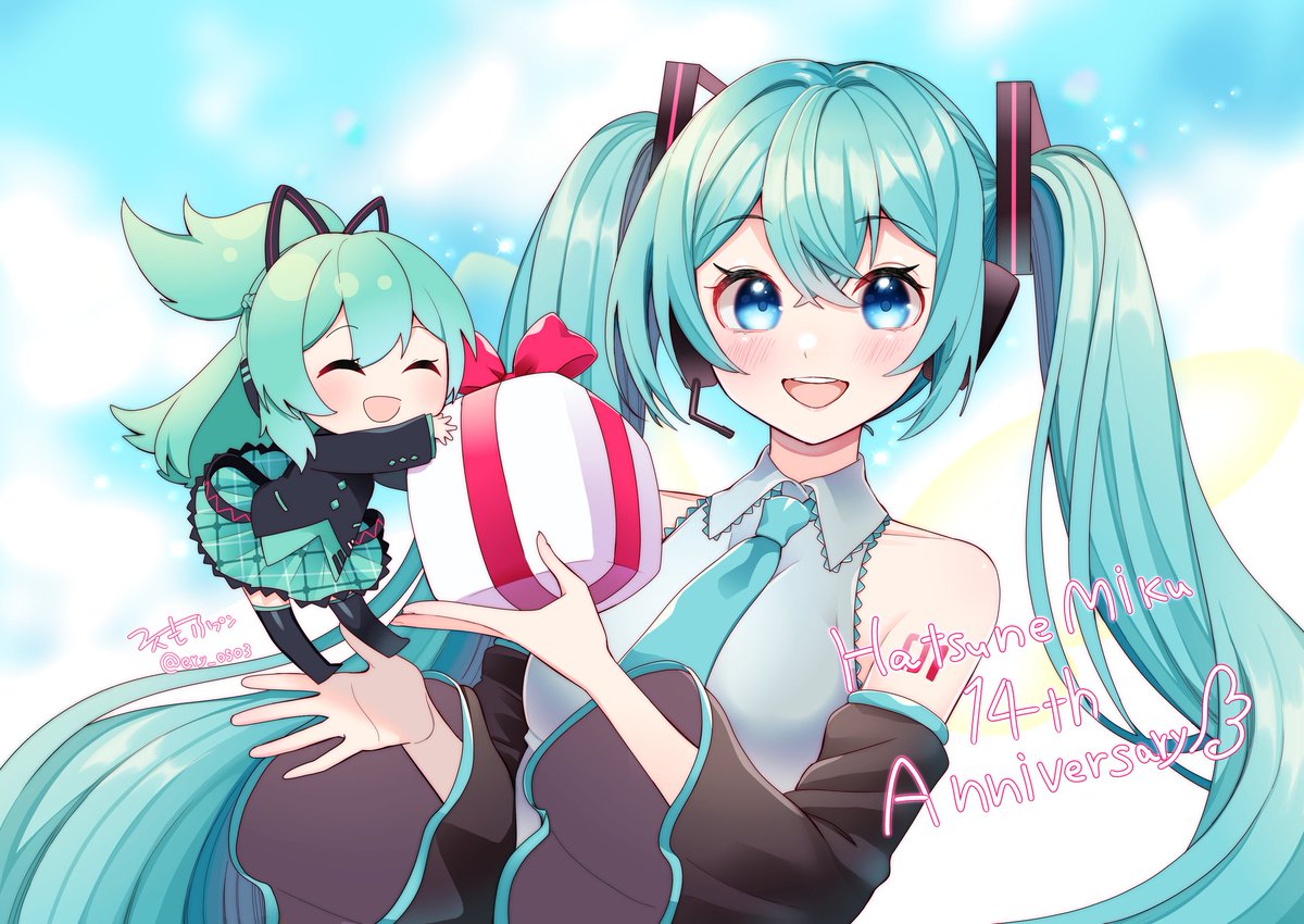 hatsune miku multiple girls 2girls twintails long hair necktie gift smile  illustration images