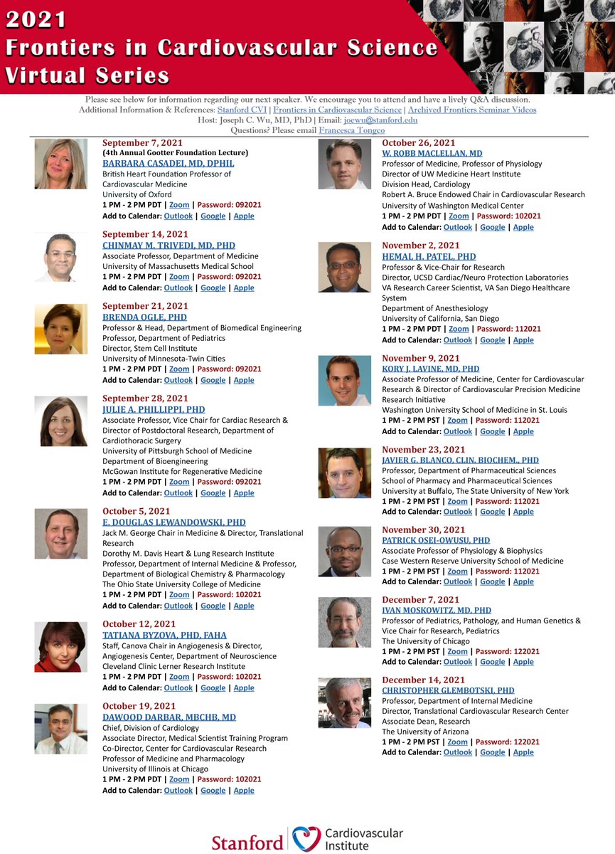 Joseph C Wu, MD, PhD (@joseph_c_wu) on Twitter photo Looking forward to talks from our esteemed speakers for the 2021 Fall <a href="/StanfordCVI/">Stanford CVI</a> Frontiers Seminars. med.stanford.edu/cvi/events/fro…
<a href="/StanfordDeptMed/">Stanford Department of Medicine</a> <a href="/StanfordCTSurg/">Stanford Cardiothoracic Surgery</a> <a href="/stanfordvasc/">Stanford Vascular</a> <a href="/Stanford_ChEMH/">Sarafan ChEM-H</a> <a href="/StanfordBASE/">Stanford BASE</a> <a href="/BCVSearlyCareer/">Basic Cardiovascular Sciences (BCVS) Early Career</a> <a href="/ECI_ISHR/">Early Career Investigators @ISHR North America</a> <a href="/vascularbiology/">NAVBO</a> <a href="/BlackInCardio/">Black In Cardio</a> <a href="/StanCVFellows/">StanfordCVFellowship</a> Looking forward to talks from our esteemed speakers for the 2021 Fall <a href="/StanfordCVI/">Stanford CVI</a> Frontiers Seminars. med.stanford.edu/cvi/events/fro…
<a href="/StanfordDeptMed/">Stanford Department of Medicine</a> <a href="/StanfordCTSurg/">Stanford Cardiothoracic Surgery</a> <a href="/stanfordvasc/">Stanford Vascular</a> <a href="/Stanford_ChEMH/">Sarafan ChEM-H</a> <a href="/StanfordBASE/">Stanford BASE</a> <a href="/BCVSearlyCareer/">Basic Cardiovascular Sciences (BCVS) Early Career</a> <a href="/ECI_ISHR/">Early Career Investigators @ISHR North America</a> <a href="/vascularbiology/">NAVBO</a> <a href="/BlackInCardio/">Black In Cardio</a> <a href="/StanCVFellows/">StanfordCVFellowship</a>