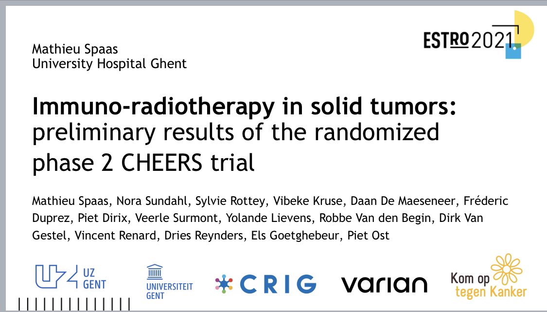 piet_ost's tweet image. CHEERS trial at #ESTRO2021 presented by @MathieuSpaas: IO vs IO+SABR. Up to 3 lesions received 3x8Gy =&amp;gt; no effect on PFS, clearly safe. Say “bye, bye to the “abscopal”-effect or did we do smth wrong? Supported by @komop_tgkanker @VarianMedSys