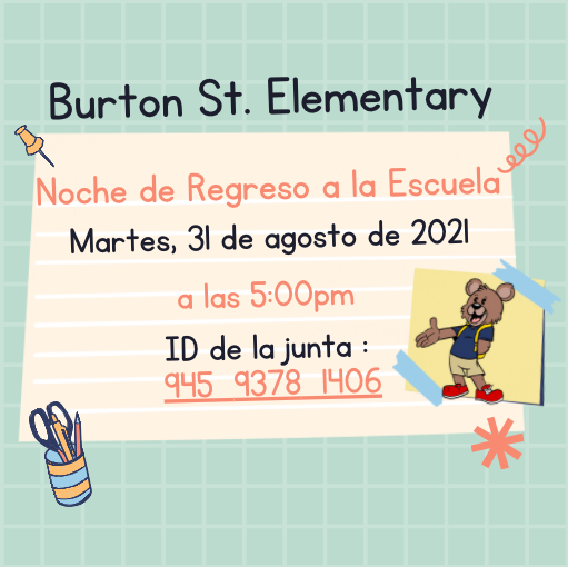 Burton_Bears's tweet photo. Burton families, 
Back to School Night!  We will meet tomorrow, Tuesday, August 31, 2021, on zoom at 5pm.  See you there! 
Noche de Regreso a la Escuela! Nos reuniremos mañana, martes 31 de agosto de 2021, en zoom a las 5 p.m. ¡Nos vemos allí!
https://t.co/cvBHQZqlnL https://t.co/VLMSgxynyh