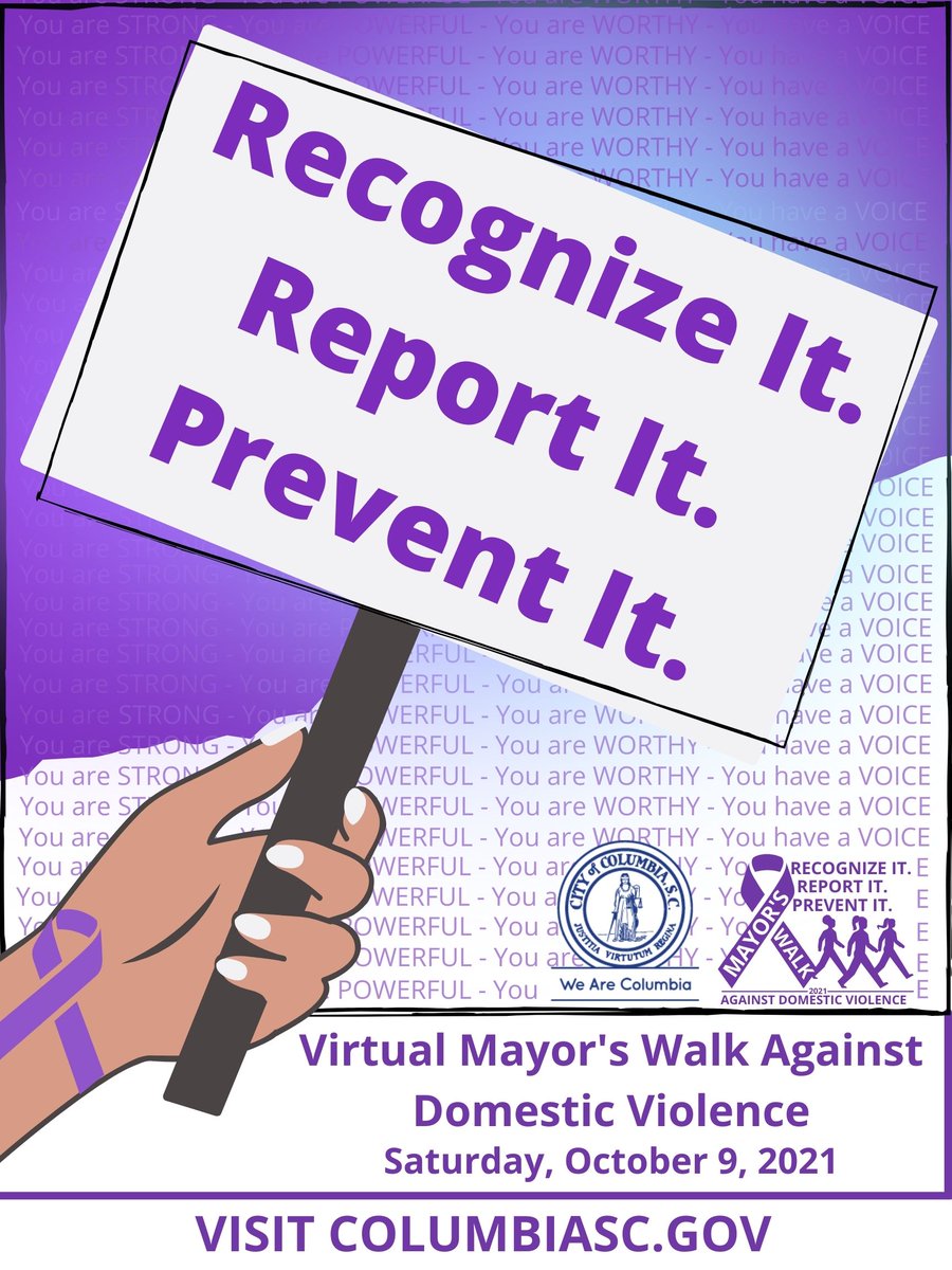 CityofColumbia's tweet photo. The 2021 Mayor’s Walk Against Domestic Violence will be held virtually Saturday, October 9th. 

Participants are asked to show their support by going for a walk in their own neighborhoods and local parks.

Register here: https://t.co/utUFevsZqa #WeAreColumbia https://t.co/mSHLHvD7rf