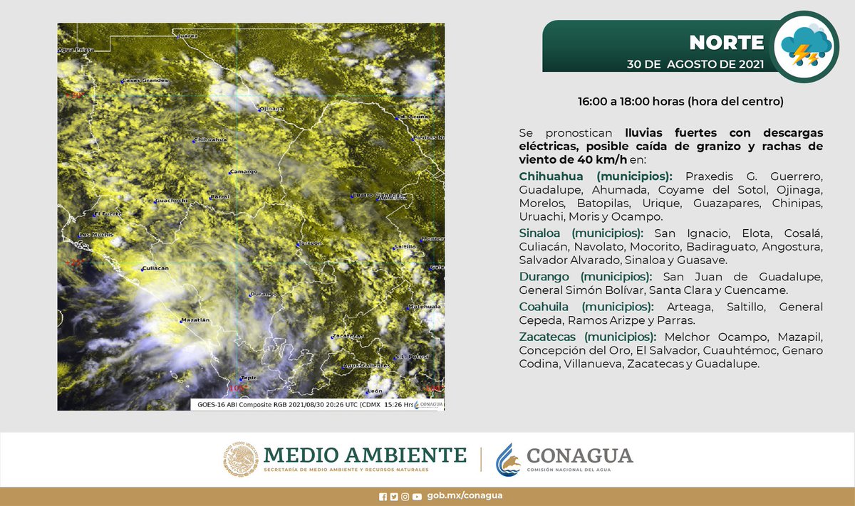 ⚠️ Continúa pronóstico de #Lluvias fuertes para las próximas horas en San Ignacio, Elota, Cosala, Culiacán, Navolato, Mocorito, Badiraguato, Angostura, Salvador Alvarado, Sinaloa y Guasave. #PCSomosTodos