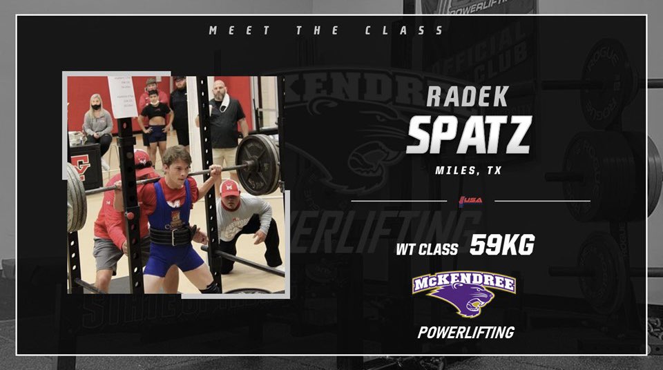 Next up we have Radek Spatz  

Hometown 🏡: Miles,TX
Year: Freshman
Major 📚: Biology
Favorite lift 🏋️‍♀️: Deadlift 
Interesting Fact: 🧐 He’s color blind 👀

#mckendreemonsters #mckendreepowerlifting