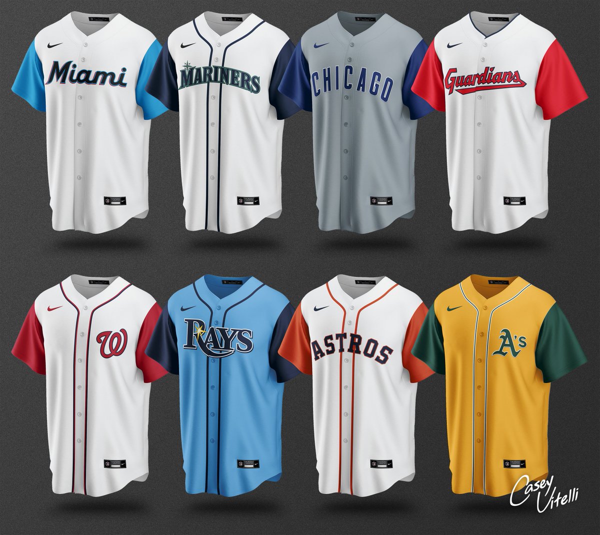 Vest Concept:
Miami Marlins
Seattle Mariners
Chicago Cubs
Cleveland Guardians
Washington Nationals
Tampa Bay Rays
Houston Astros
Oakland Athletics https://t.co/OR0bA0mRls https://t.co/50OIO65JU2