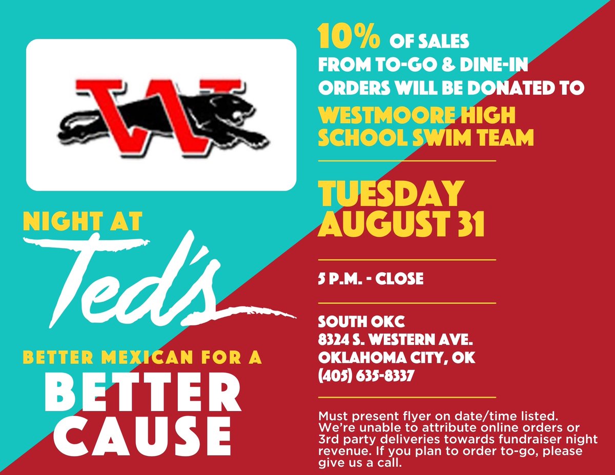 Come out and support the Westmoore Swim Team tomorrow night at Ted's South OKC location on Western Ave! If you come eat or order dinner to go from 5 P.M. to 9 P.M. the team will receive 10% of your sale.

**You must print out this flyer or show this post to your waiter!**
