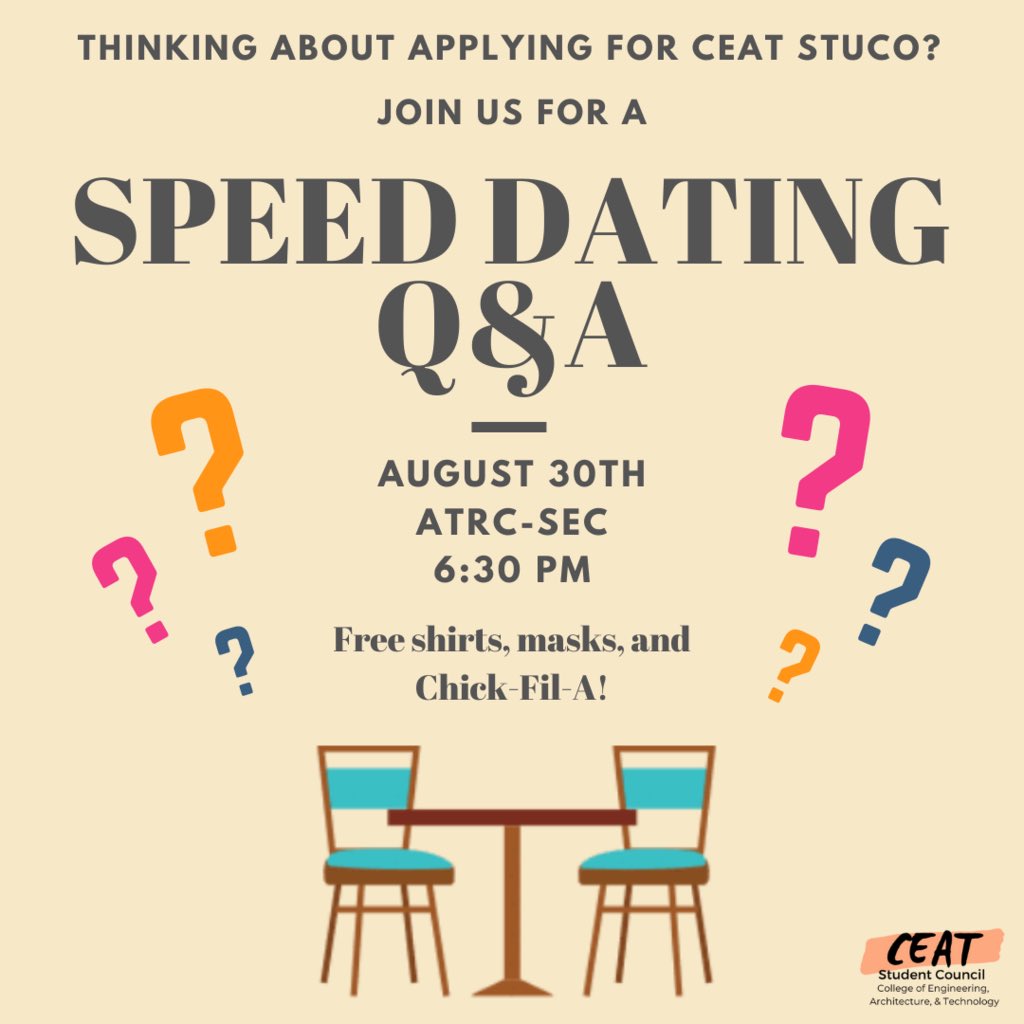 Come learn more about CEAT StuCo tonight at 6:30!! Free shirts, masks, and Chick-Fil-A