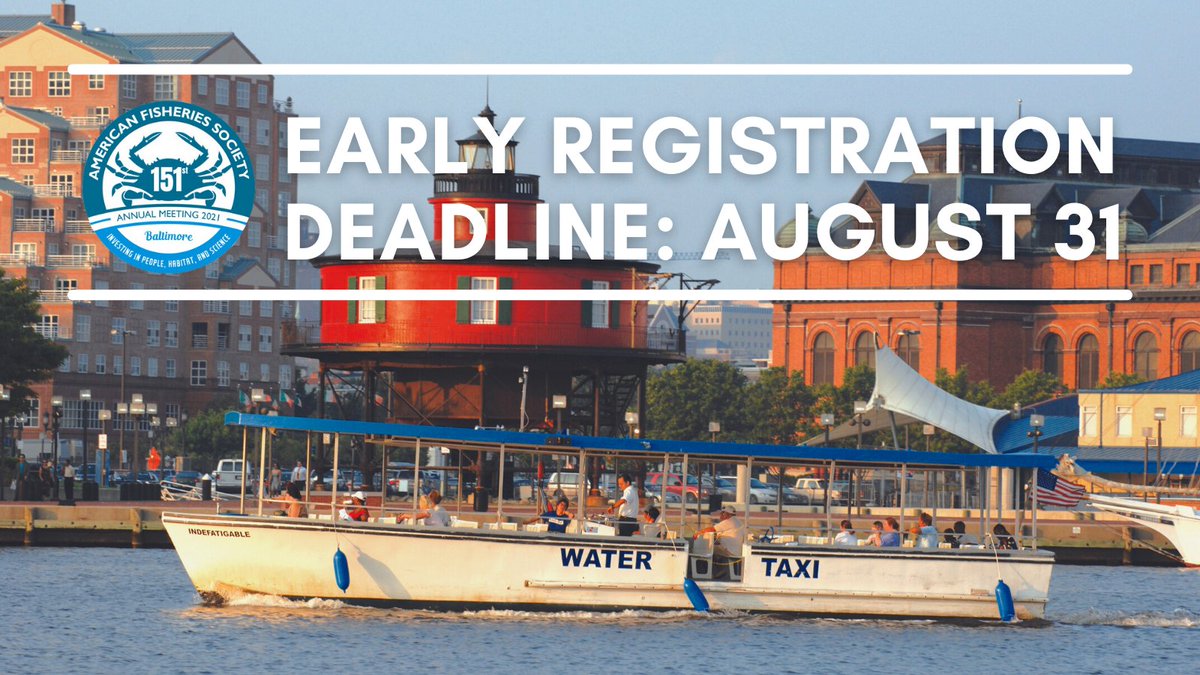 AmFisheriesSoc's tweet photo. Heading to Baltimore for #AFS151? Don't miss your chance to save with early registration rates that end tomorrow, 8/31. Proof of vaccination now required to attend in person, with virtual options also available. Register: https://t.co/EBelj1KSP7 https://t.co/jJmyHOOt5A