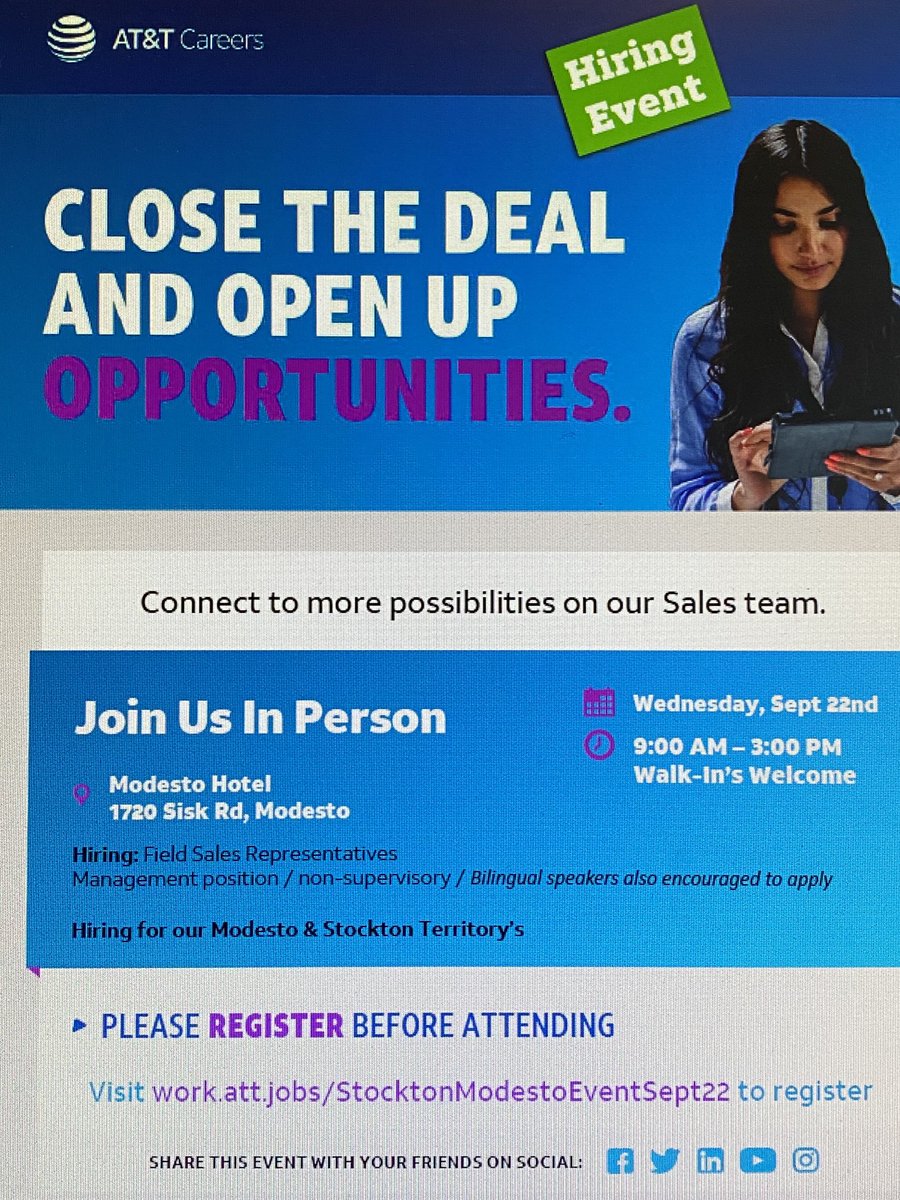 kirchnerkaren's tweet photo. Announcing Hiring Events!  Join a fast growing division of AT&amp;T.  Company car, commission, health and 401k benefits, discounts on wireless and internet, tuition reimbursement. https://t.co/PRmsXml3pm