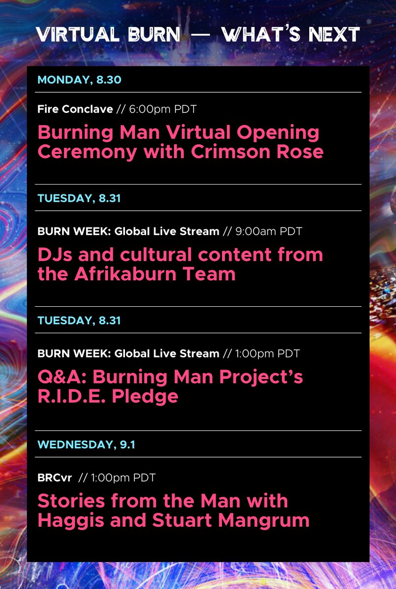 burningman's tweet image. Next up in #VirtualBurn2021! 🔥 Opening Ceremony bit.ly/3kwiNSU • DJs and cultural content from the Afrikaburn Team bit.ly/3knJs4e  • R.I.D.E. Pledge Q&amp;amp;A  • Stories from the Man bit.ly/3BfGvtd