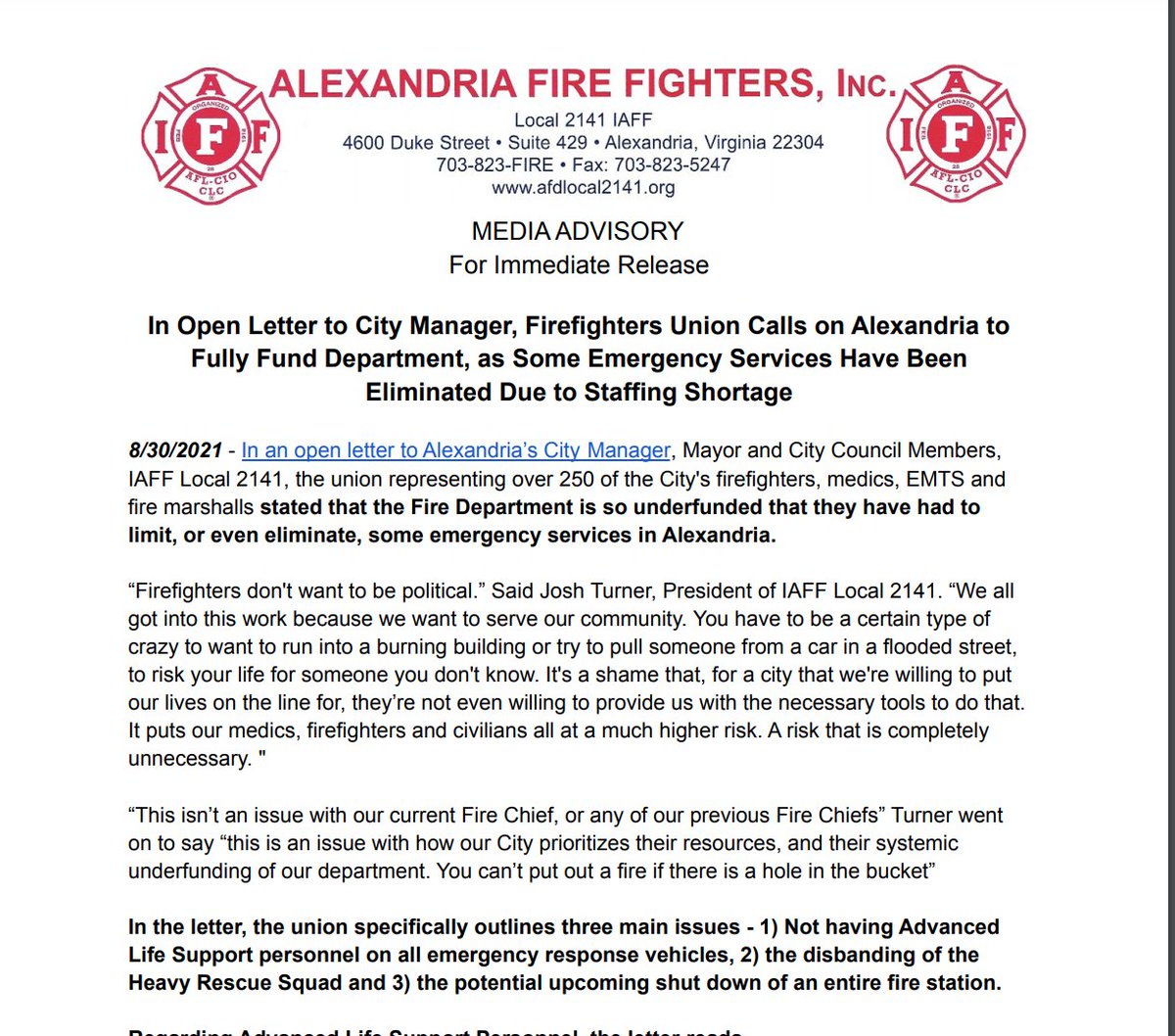 IAFFLocal2141's tweet photo. We also issued the following press release https://t.co/c7DwXZ9Ydv 

@AlexandriaNow @ZebraAlexandria @postlocal @oldtownpost @AlexGazette @wamu885 @WTOP @WTOPJack @fox5dc @nbcwashington @RamirezReports @CBSDC @AlexTimesNews @WEAlexVAPatch @AlexandriaPatch @GrtAlexVAPatch https://t.co/cwvj85Ki9J