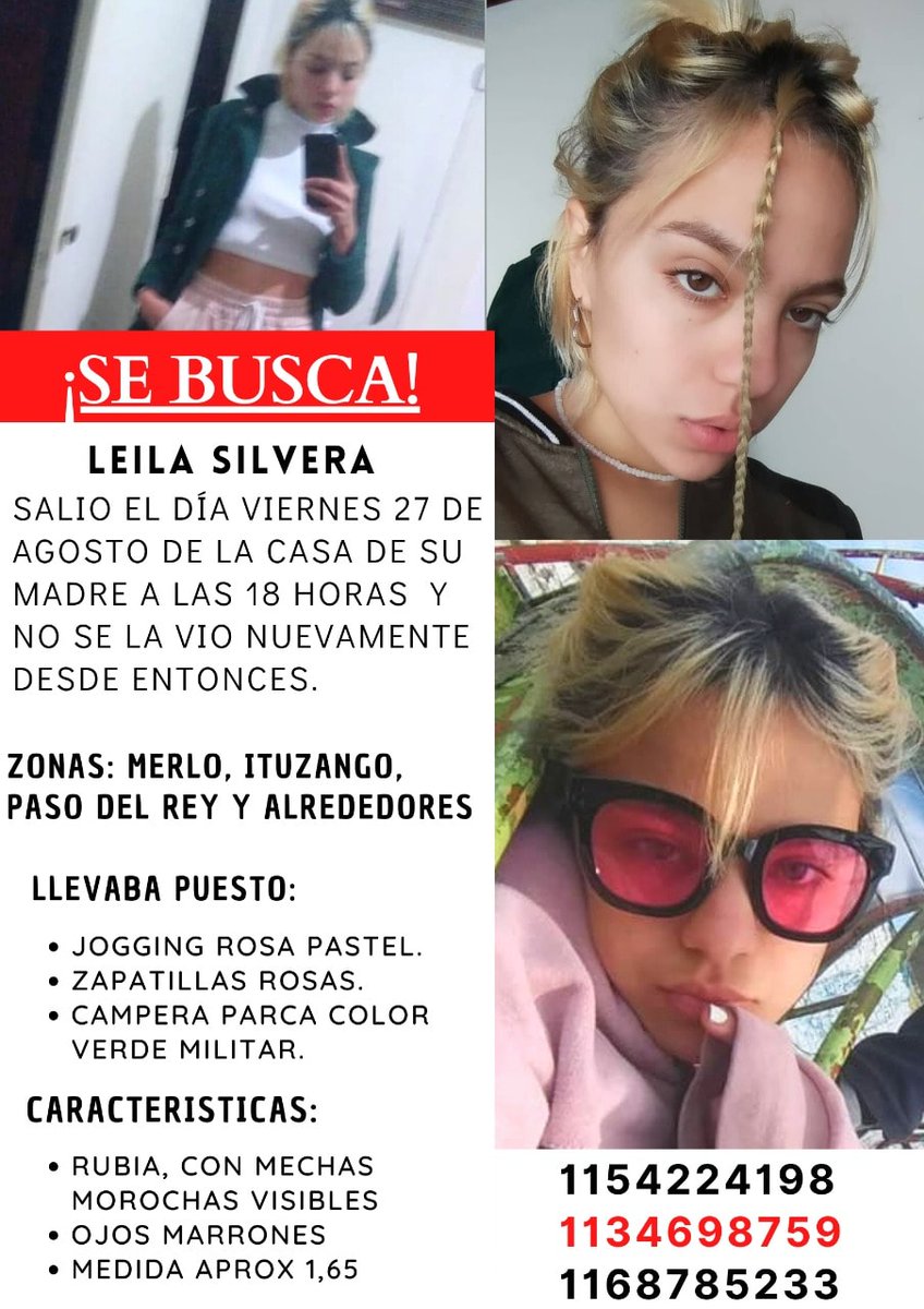 desaparecidaorg's tweet photo. Leila Silvera está desaparecida desde el 27/8/2021. Zona de búsqueda: Merlo, Ituzaingo, Paso del Rey, oeste provincia de Buenos Aires. Compartir, y si la ven avisar #URGENTE al ☎️1154224198, 1134698759, o al 911

#NiUnaMenos
#Merlo
#Ituzaingo
#BuenosAires https://t.co/eaF5A5ffaT