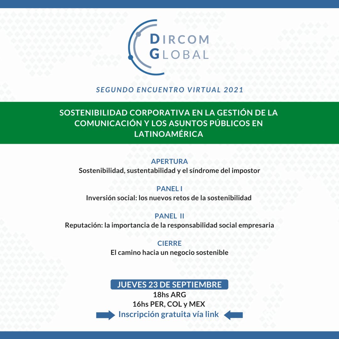📆 ¡Segundo evento de Dircom Global! #Sostenibilidad
📌Inscripción gratuita 👉🏻 lnkd.in/gMjytaVD
Dircoms, académicos y consultores abordarán el lugar de la comunicación y la gestión de los asuntos públicos en las estrategias de sostenibilidad de las organizaciones.