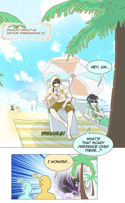 Shoujo Impact #2 - the mandatory beach episode🏖🌞
(Ft. Zhongli, Venti, Baal, Keqing, and Childe's whale lol...) 
#genshinimpact #fanart #comic #原神 