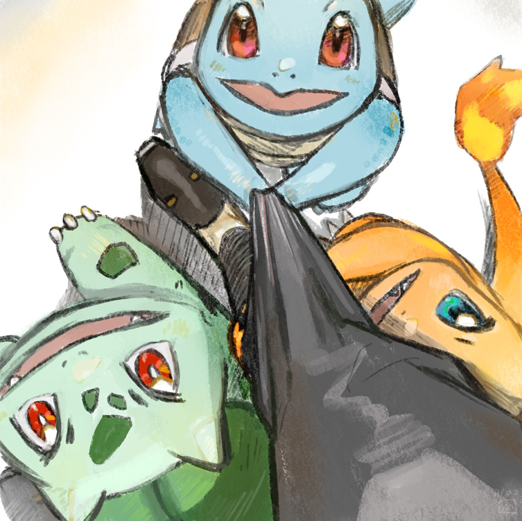 bulbasaur ,charmander ,squirtle pokemon (creature) red eyes open mouth starter pokemon trio no humans flame-tipped tail fangs  illustration images