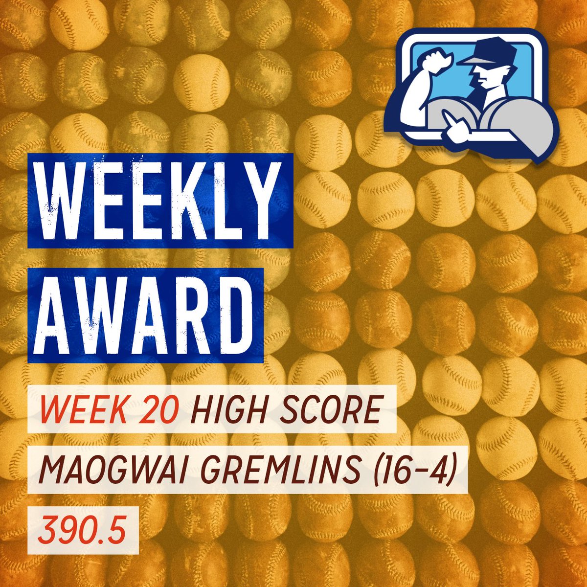 CorkCommish's tweet photo. Clinching the American League’s #1 seed in STYLE…

#corkml Week 20 High Score and $10 Award: Congratulations Michael Chrustowski, Mogwai Gremlins. 390.5 points, 2nd of the year. https://t.co/BRtDXuLfWH