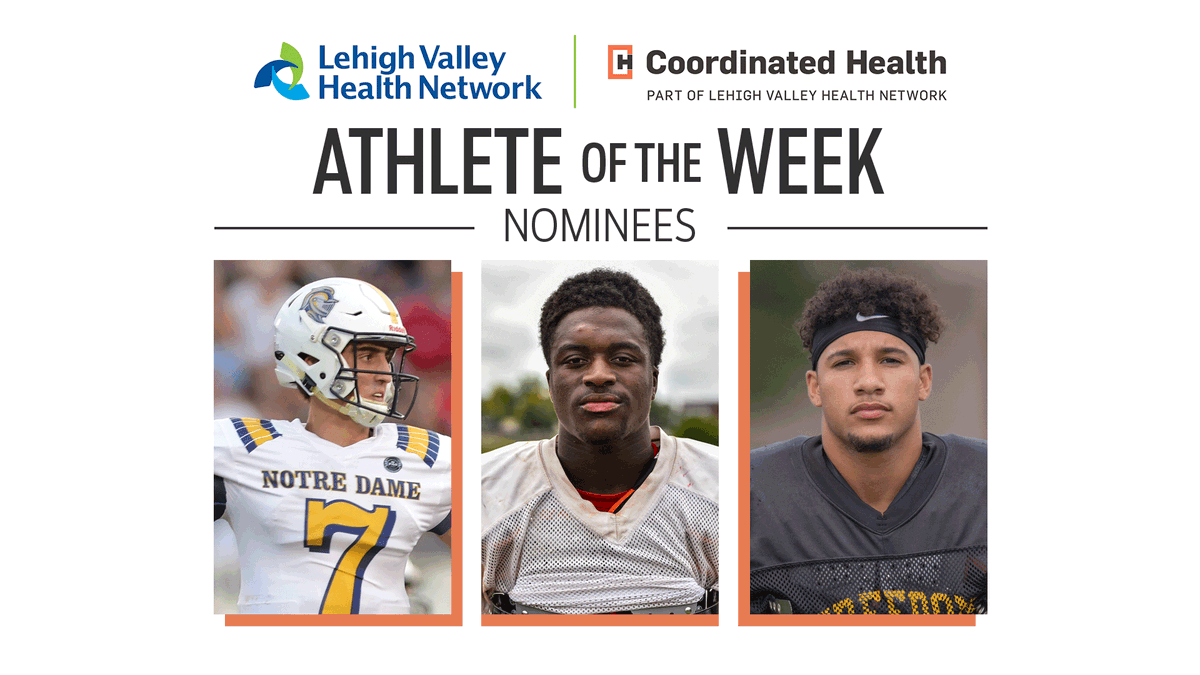 mcall's tweet photo. ATHLETE OF THE WEEK IS BACK!
Vote for boys nominees:
-Notre Dame-GP football: @collinquintano3 @ND_Crusaders
-Easton football: @_WilliamsMarcus @GoRedRovers
-Freedom football: @deanteeee Crawford @fhssportsBASD @FHSFBBGGC
#CHaotw @coordhealth #lvvarsity
https://t.co/KYEP0LtnB4 https://t.co/Iv6Nsdtm6k
