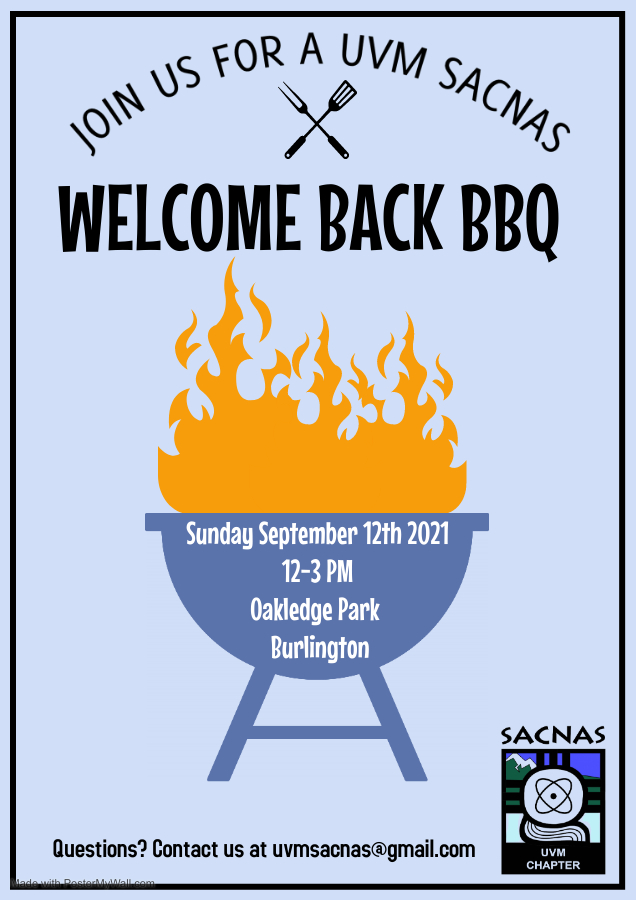 sacnas_uvm's tweet photo. Are you a STEM/STEAM student (or post-doc) interested in building community at UVM? Join us for our welcome back BBQ potluck! Sign up to bring food https://t.co/8twaFQJTgd &amp; join us as a new member https://t.co/qbCYSkEIr7 https://t.co/SIN08QSyYV