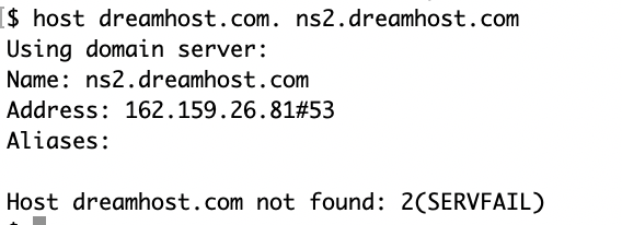 czarcats's tweet photo. @DreamHostCare @dhstatus NS[1-3].DREAMHOST.COM is returning SERVFAIL for https://t.co/xZGEQuKhxn itself and at least a couple other domains hosted there https://t.co/AVw13npq9b