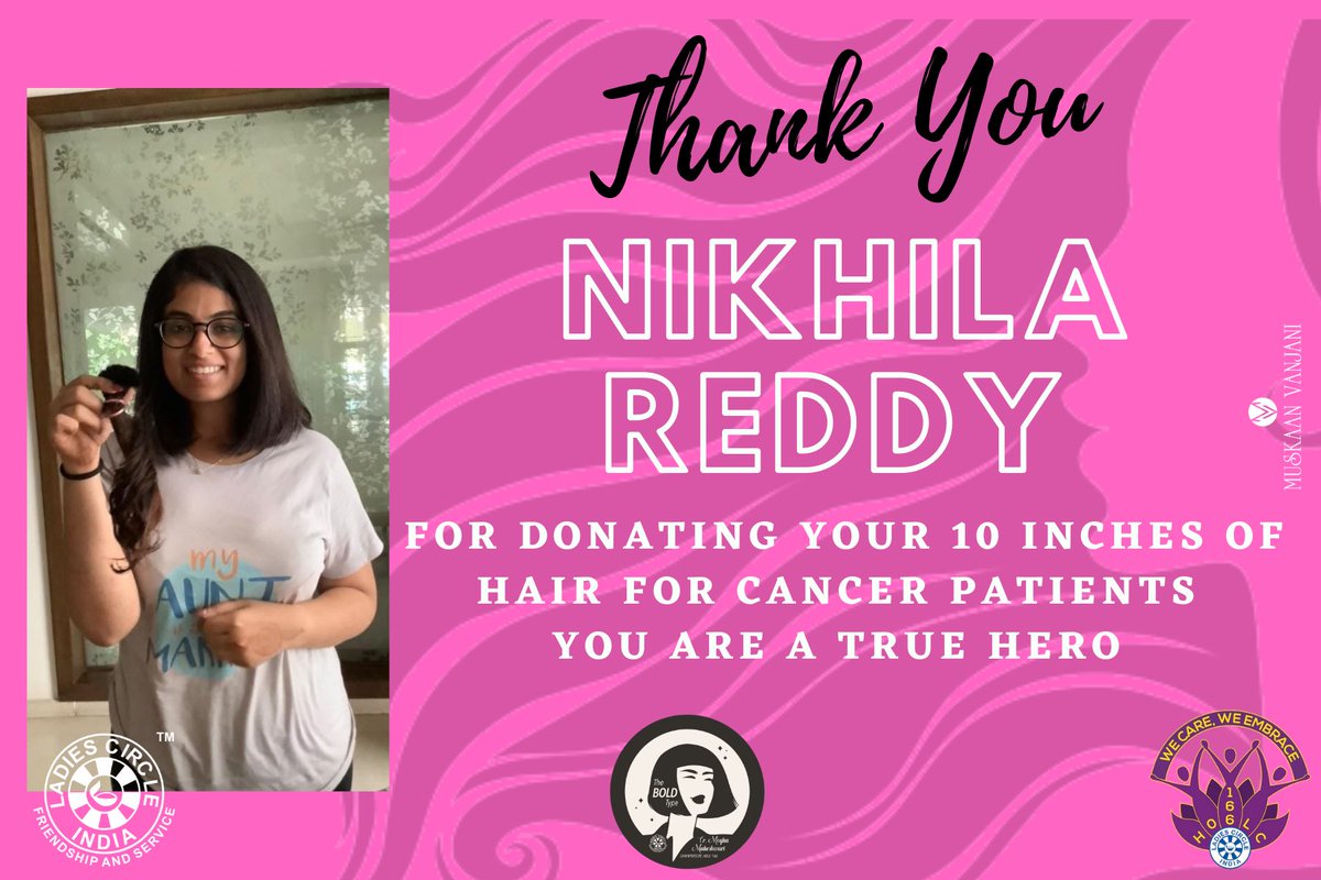 “She cut her HAIR SHORT 
Some will admire her 
Some will appreciate her 
CANCER PATIENTS will Love her”
HOLC 166 is proud of NIKHILA REDDY for donating her HAIR to bring Dignity and Joy into the lives of Women living with cancer 
<a href="/MathewPremi/">Hairforhopeindia</a> <a href="/LadiesCircleInd/">Ladies Circle India</a> <a href="/IndLadiescircle/">LadiesCircle India</a>