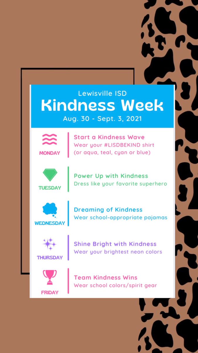 fmhs_kindness_'s tweet photo. It’s Kindness week! We have spirt days every single day and we want all of you dress out with us!
Monday: Blue Out
Tuesday: Superhero Day! 
Wednesday: Wear PJ’s!! 
Thursday: Wear Bright Neon!!!!
Friday: Wear School Colors / Spirt Day 
We hope to see everyone dress out. https://t.co/WdMABMuVZc
