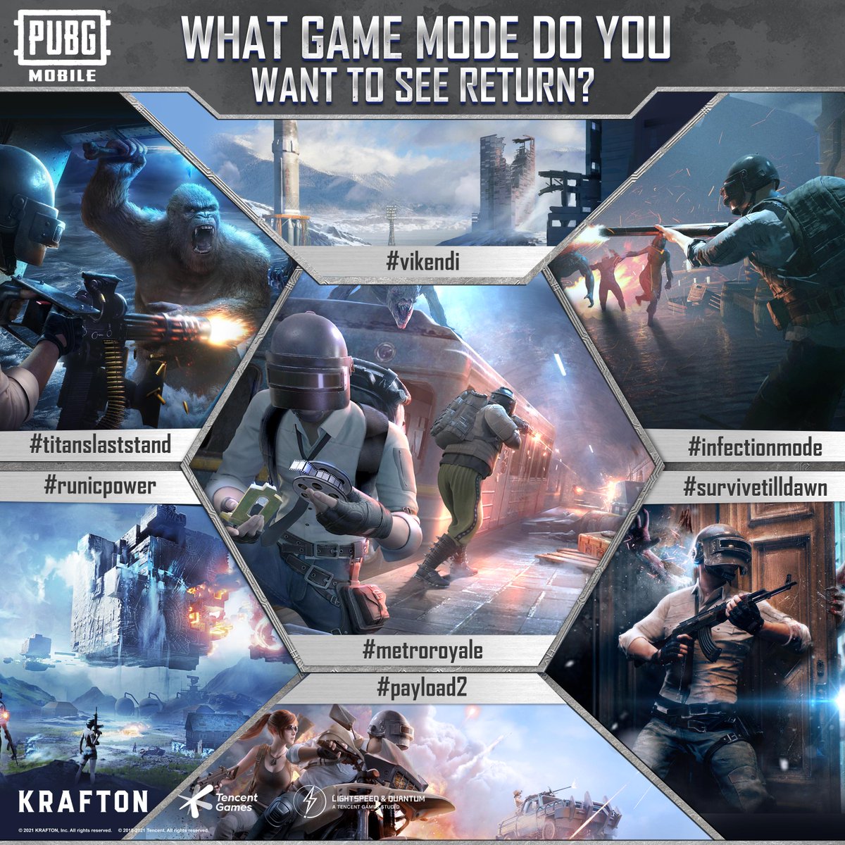 PUBGMOBILE's tweet photo. 😄 We’ve been listening to our community and decided to bring back some of your favorite game modes in the next update! 🎉🙌 Give a shout out to your favorite mode and help us decide what to bring back! 💬

Rues ➡️ https://t.co/2PDtz0X1sR https://t.co/j7uuhMtVAp