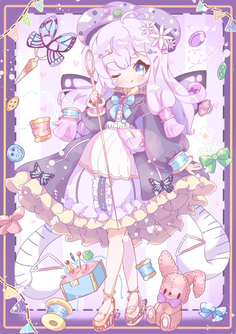お裁縫の妖精ちゃん
🗡 🧵 🦋 
#絵文字3つもらってキャラデザする 
#創作イラスト 
#絵描きさんと繋がりたい 