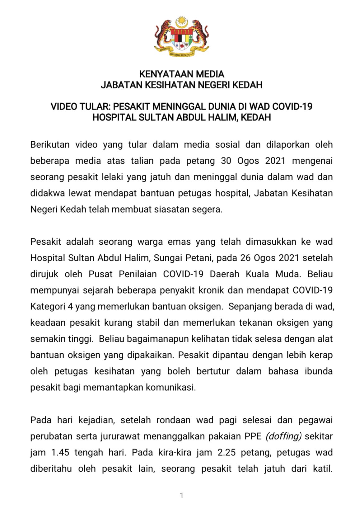 Kesihatan kedah jabatan Pengadu diminta