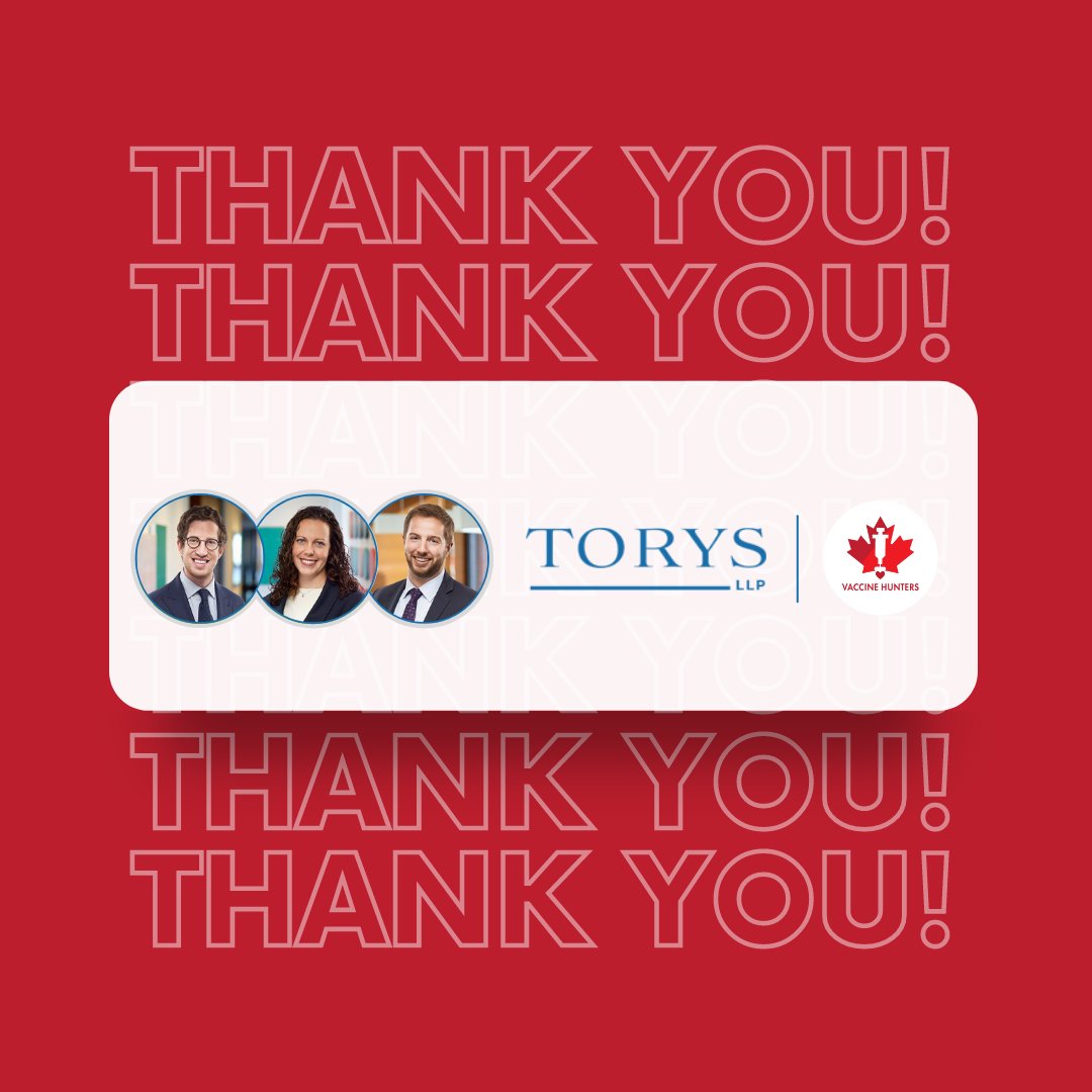 VaxHuntersCan's tweet photo. The Tory’s LLP Team of Joshua Morry, Molly Reynolds and Nic Wall worked hard with us behind the scenes. They’ve provided counsel and direction to our team since the beginning of our journey, and we would not be where we are today without them. #VHCThanksYou https://t.co/sBkTDSFQWl
