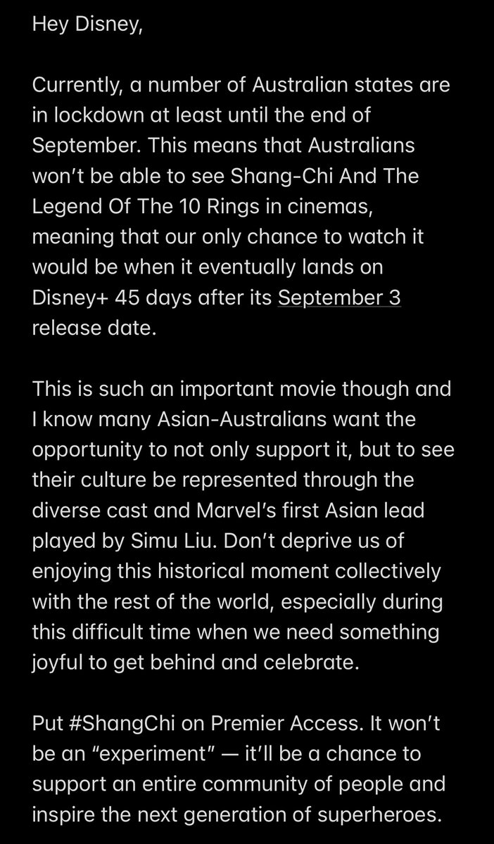 Isha_Bassi's tweet photo. hey @Disney, it would be really cool if you could give Asian-Australians the chance to support #ShangChi and @SimuLiu by fast-tracking its arrival to Disney+ 

we're currently in lockdowns and have zero chance of seeing this important movie — put it on premier access so we can https://t.co/TokHfjRh42