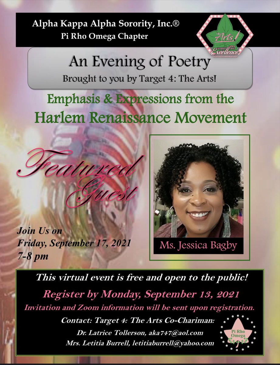 PiRhoOmegaAKA's tweet photo. Pi Rho Omega will host an Evening of Poetry that is open to the public on Friday, September 17th at 6:30 p.m.  If you are interested in attending please contact Dr. Latrice Tollerson or Letitia Burrell for registration details. #Target4 #PROAKA #MidAtlanticAKA https://t.co/9CubCCwe4A
