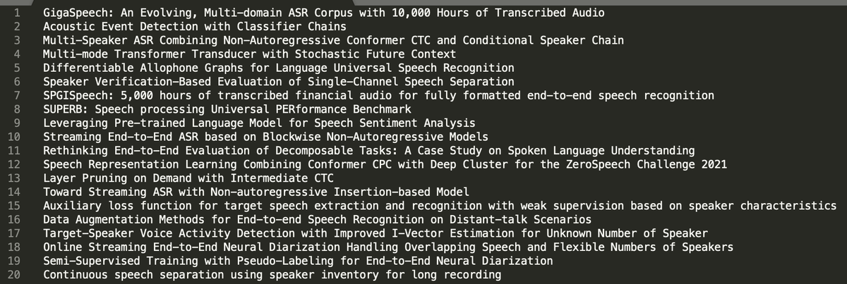 Our lab will be presenting 20 papers at #INTERSPEECH2021!

This is also our inaugural tweet 👋

Follow for updates future updates on our research activities in **end-to-end speech** recognition, enhancement, translation, etc. + open-source developments on ESPnet.