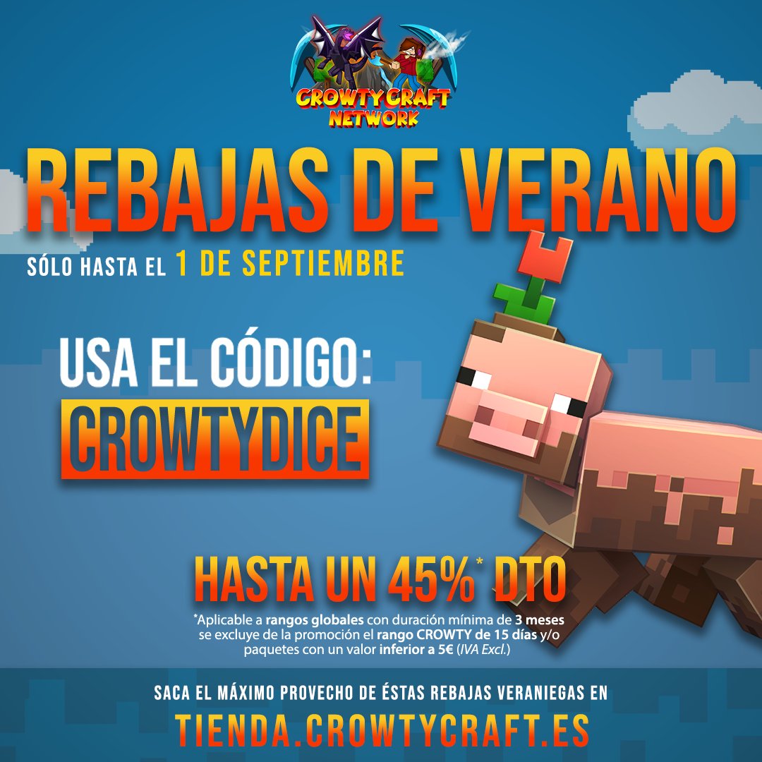 crowtycraft's tweet photo. Las rebajas de ☀️ VERANO ☀️ han llegado a CrowtyCraft Network!

Tan sólo tienes que añadir ese rango que tanto has soñado a la cesta y canjear el código "CROWTYDICE"

🔥Hazlo en: https://t.co/PolkHo241X

• Más info: https://t.co/4lsHlXuQJA https://t.co/n0oM4iT83s