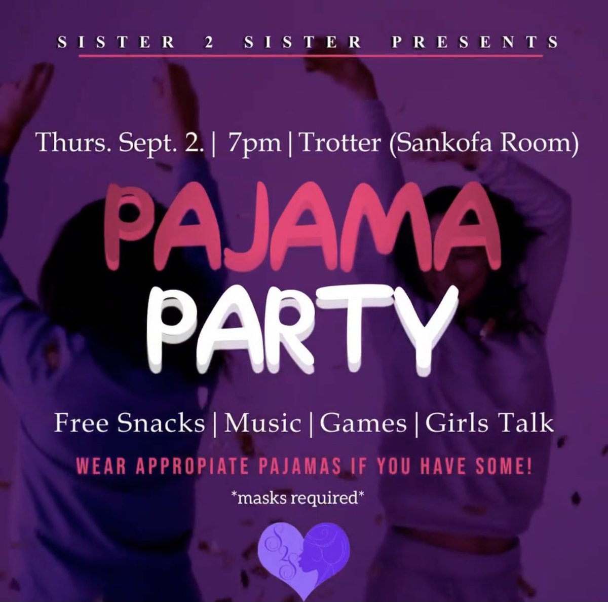 I hope everyone had a great first day!🤍 To start off the school year, we will be having a table set up at Festifall from 5-8pm so definitely check us out!✨ We will also be having our first mass meeting Pajama Party this Thursday at 7pm in Trotter! See you there ladies!🥰💕