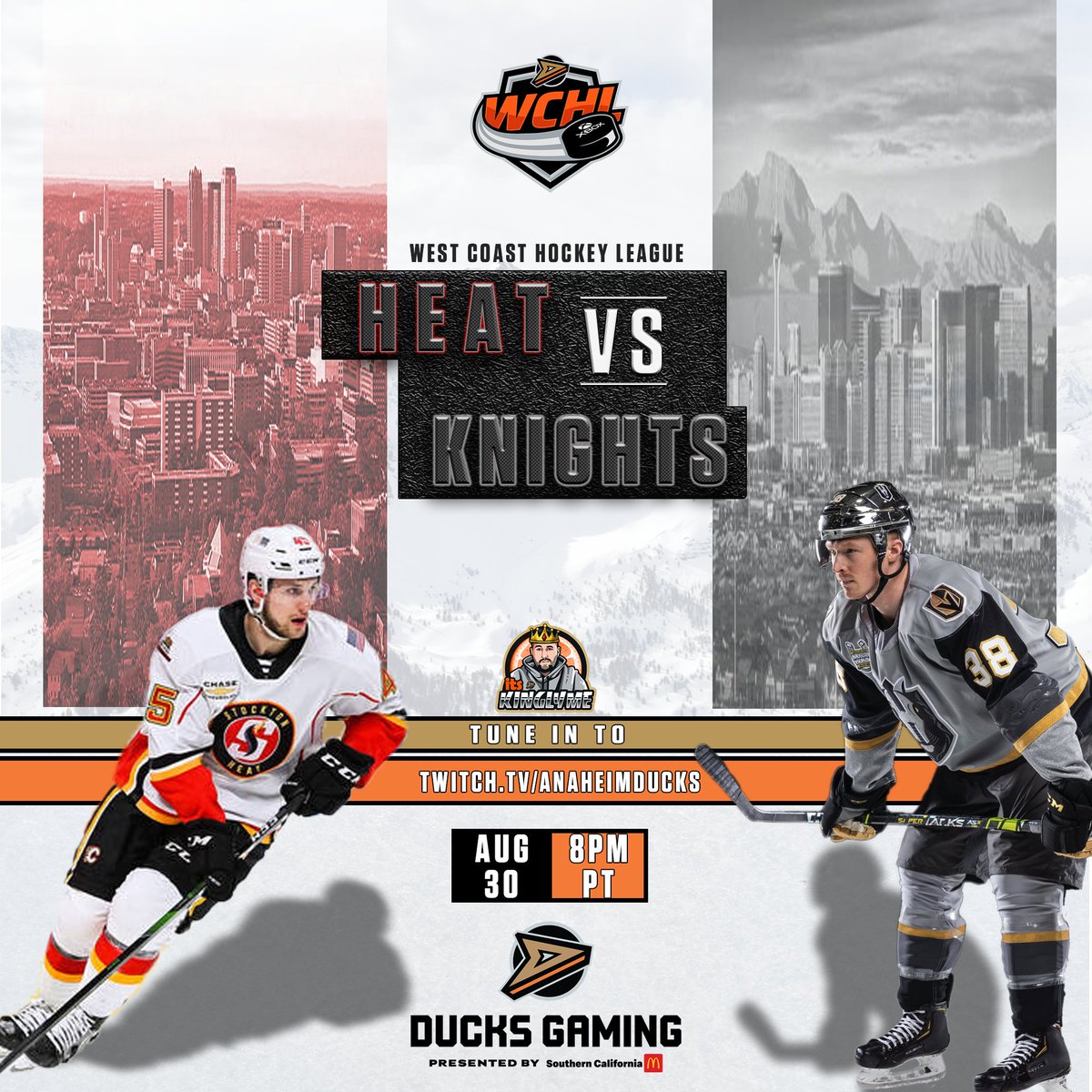 We near the end of the current regular season TONIGHT in the <a href="/wcxhl/">Anaheim Ducks West Coast Hockey League</a>! 

In the A, it's 🔥 Heat vs. ⚔️ Silver Knights - 8pm PDT. 

Then in the N, the #2 seed🐳'Nucks play the #3 seed🔥 Flames. 

@ItsKingLyme &amp; @SAP_NHL have the call for both series.

Watch: Twitch.tv/AnaheimDucks