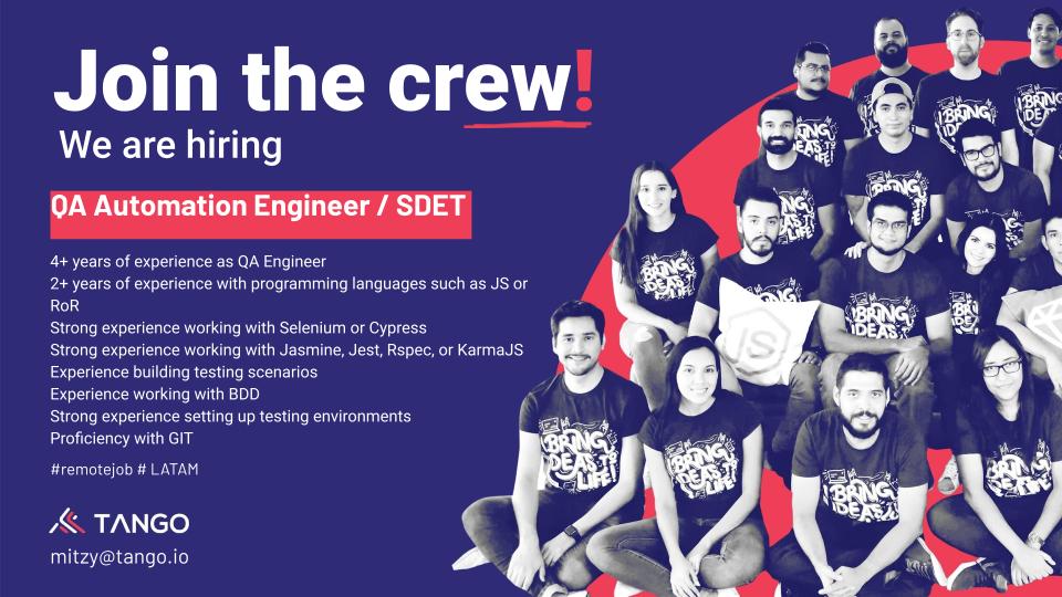 soylaveni's tweet photo. #HIRINGNOW un QA Engineer/SDET para #trabajoremoto desde cualquier lugar de Latinoamerica.
👉🏼 Advanced English Level
👉🏼 You can join the team as soon as possible
👉🏼 https://t.co/1aPxmhhgiE
#Git #javascript #Ruby #selenium #Jasmine #KarmaJS #BDD #automation #Tester #trabalho https://t.co/JX8fVaEo1c