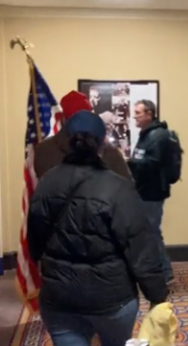 creek_twit's tweet photo. Another #flagstealer from behind.  Parler #Cg3gG8trkats in a 3rd floor hallway.  I think this is #ToolTimePB. https://t.co/Z6pvSjmQir