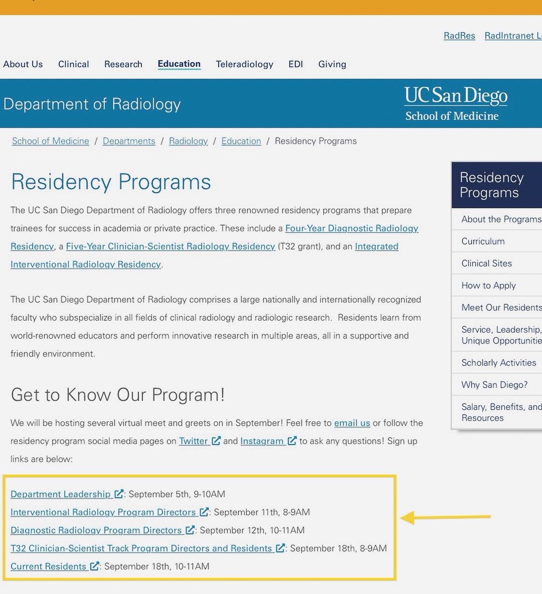Registration links have been added for our upcoming Residency Meet and Greets! #futureradres can now sign up right on their phones 👉🏼📱

medschool.ucsd.edu/som/radiology/…

#Leadership: 9/5, 9-10A
#IR: 9/11, 8-9A
#DR: 9/12, 10-11A
#T32: 9/18, 8-9A
#Radres: 9/18, 10-11A