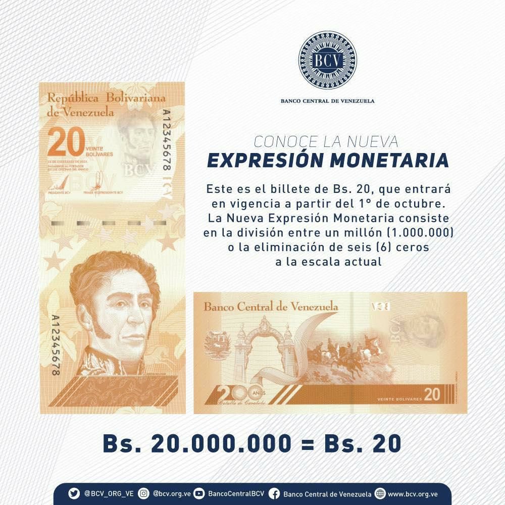 #Conoce || La nueva expresión monetaria, este es el billete de Bs. 20, que entrará en vigencia a partir del #1Oct. Consiste en dividir la escala actual entre 1 millón o eliminar 6 ceros.