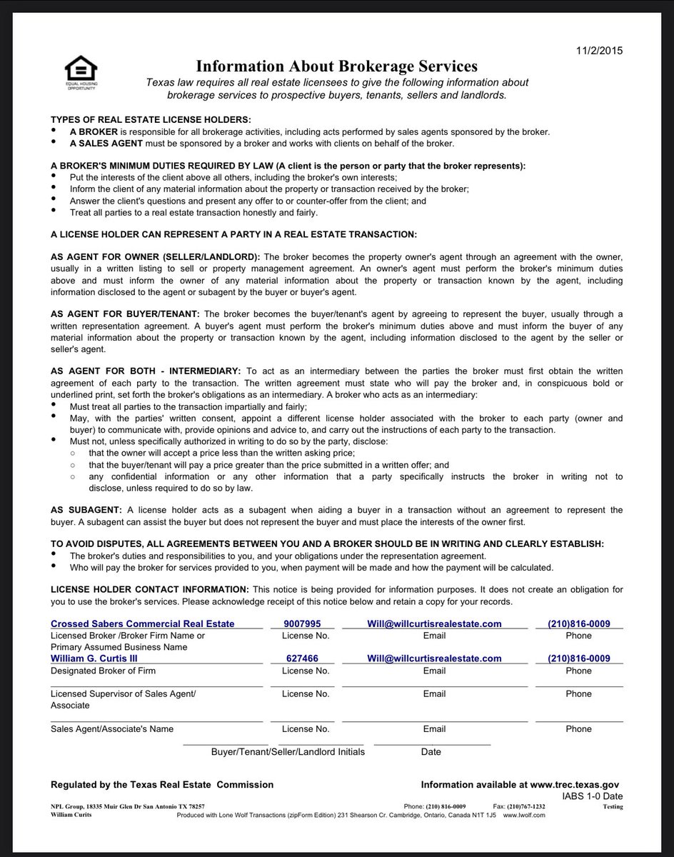 willcurtisccim's tweet image. Texas Real Estate Commission requires all licensed real estate agents to provide Information About Brokerage Services and TREC Consumer Protection Notice to all potential clients.