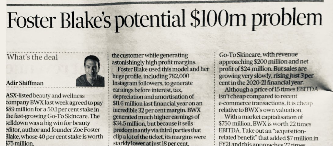 I loved writing my latest column in the <a href="/FinancialReview/">Financial Review</a> about <a href="/zotheysay/">Zoë Foster Blake</a> and the huge transaction of her brand Go-To Skincare. She pocketed $36 million cash, but the next three years will be the really interesting bit.

afr.com/technology/why…