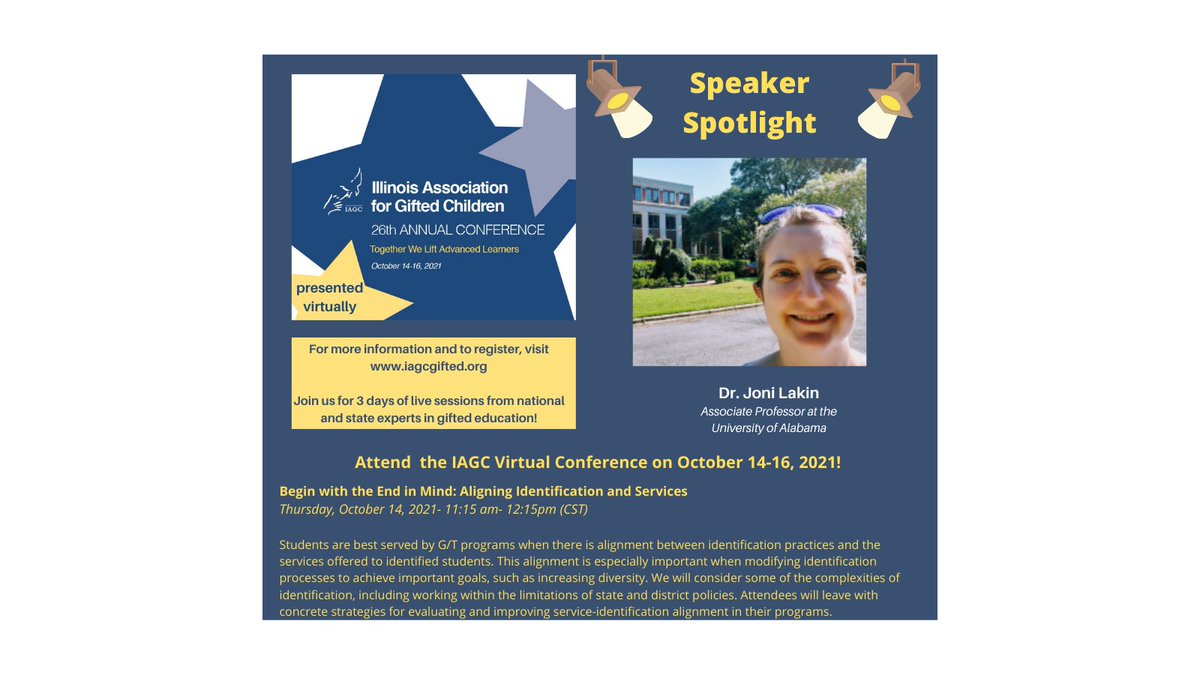 <a href="/iagc_gifted/">IAGC</a>
 is proud to welcome 
<a href="/JoniLakin/">Dr. Joni Lakin</a>
 from to our virtual  fall conference October 14-16, 2021 presenting about matching identification processes and services. 

Early bird registration only until Sept.1.

iagcgifted.org