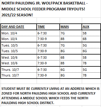 NORTH PAULDING JR. WOLFPACK FEEDER PROGRAM - MIDDLE SCHOOL BASKETBALL - IS NOW LIVE WITHOUT A NET!!!  

TRYOUT DATES FOR THE 2021/22 SEASON - BOYS AND GIRLS - ARE SET.  CHECK THE IMAGE FOR THE TIMES AND DATES FOR YOUR GRADE LEVEL.  PLEASE RETWEET AND SPREAD THE WORD!!!