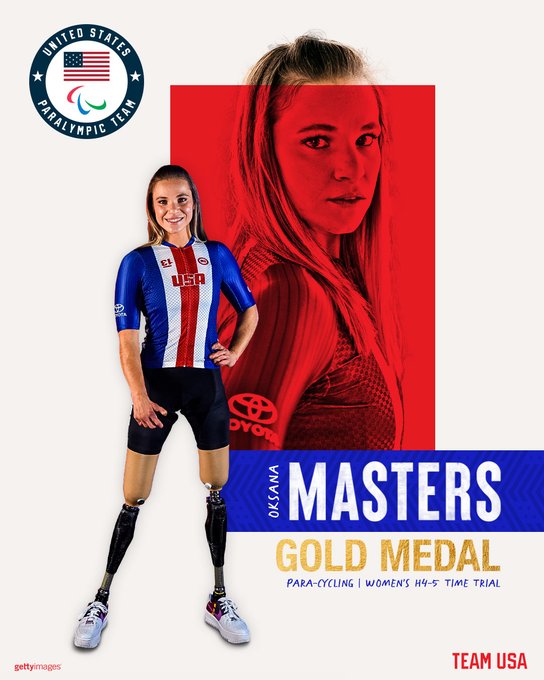 oksana masters gold medal graphic, photo of oksana masters smiling