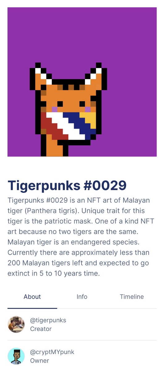 mafqhmzh's tweet photo. First #NFTMerdeka that I bought. #tigerpunks #0029 wearing putih-merah-biru-kuning mask!

Thanks @tigerpunksmy! https://t.co/J9JO32Z9Rv