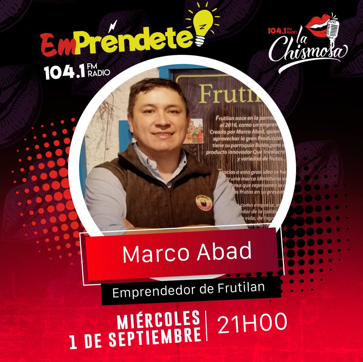 jpachecoe's tweet photo. Cada miércoles por la @ChismosaFm conversamos de emprendimiento y turismo con la alegría y buena onda de @HUGOEPALACIOSU1 y @boriscornejo
Esta semana nos acompaña Marco Abad, fundador de la marca #Frutilan, conoceremos la experiencia y vivencias de un #Emprendedor. https://t.co/YvOPFkDyCk