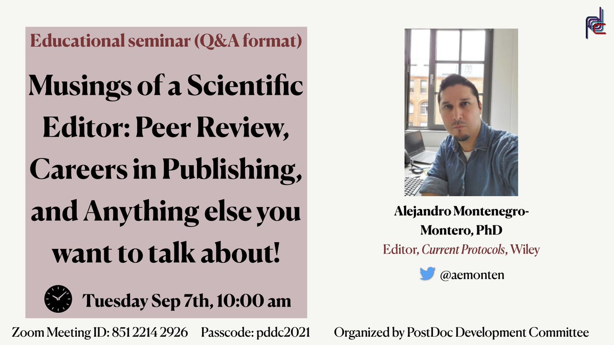 Postdoctoral Development Committee (@pddcsydney) on Twitter photo We are excited to be hosting <a href="/aemonten/">Alejandro Montenegro</a> Editor <a href="/CurrentProtocol/">Follow @Curr_Protocols</a> for our next Educational Seminar on Sept 7th at 10:00 am🤩. Thanks for accepting our invitation and we look forward to talking to you in a very relaxed Q&A format. Bring your coffee/tea and have a good virtual time! We are excited to be hosting <a href="/aemonten/">Alejandro Montenegro</a> Editor <a href="/CurrentProtocol/">Follow @Curr_Protocols</a> for our next Educational Seminar on Sept 7th at 10:00 am🤩. Thanks for accepting our invitation and we look forward to talking to you in a very relaxed Q&A format. Bring your coffee/tea and have a good virtual time!