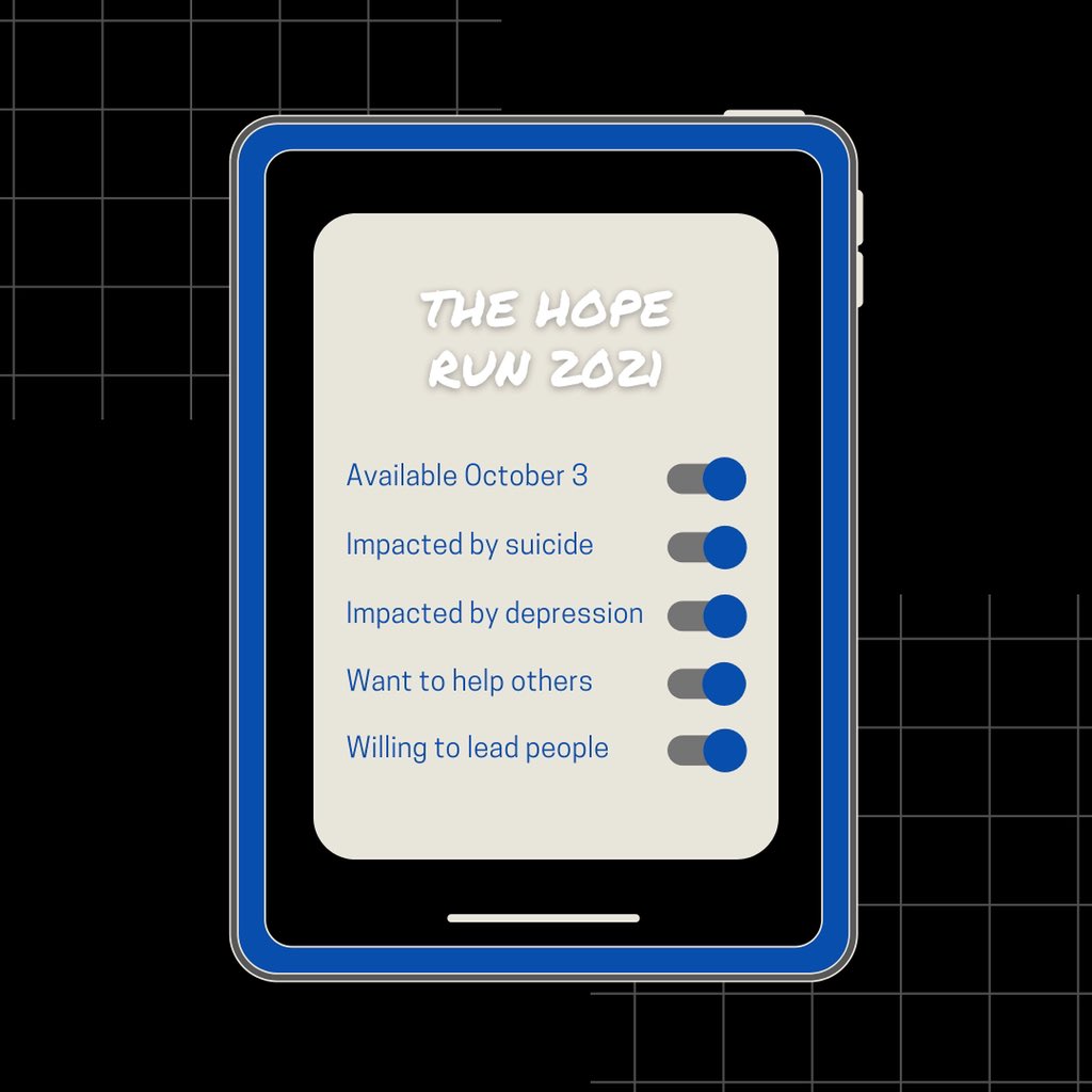 TheHopeRun1's tweet photo. Has your life been impacted by depression, mental health struggles, suicide?

We are doing something to MAKE A DIFFERENCE and we want you to join us!

Check out the list and comment below or DM us if you’d like to get involved.

https://t.co/0bCdT6m8O1 https://t.co/929ypH7XFA