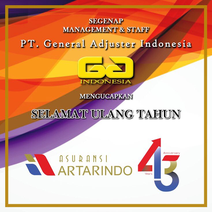 AdjusterGeneral's tweet photo. Segenap Management dan Staff PT. General Adjuster Indonesia mengucapkan Selamat Ulang Tahun PT. Asuransi Artarindo ke-31 Semoga Sukses Selalu.
#happyaniversary 🥳🎂
#Artarindo43rdanniversary
#AsuransiArtarindo
#happy43rdArtarindo https://t.co/Sbg8TK8PkT