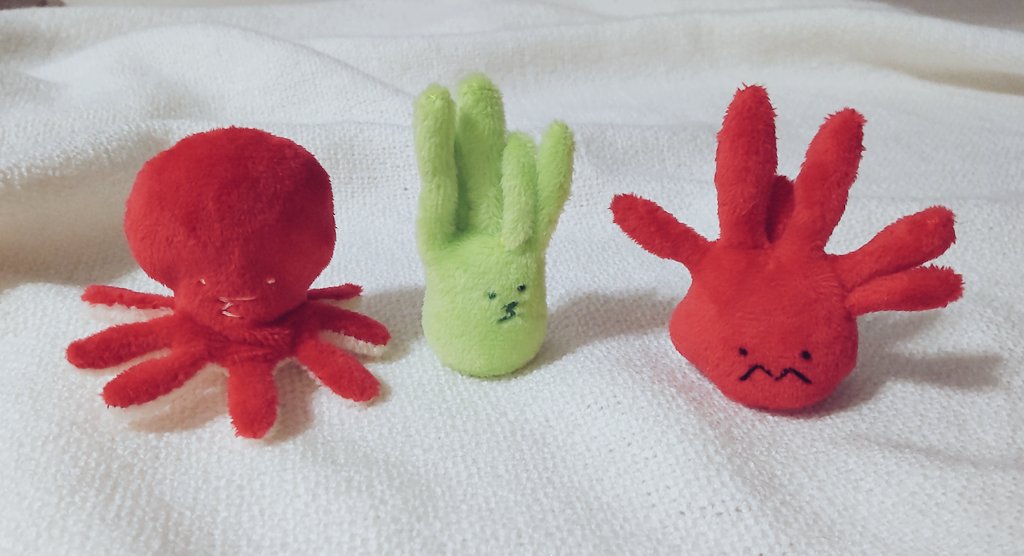 カラスとねこと 最近 気分転換として学生の頃に描いていた海洋生物さんシリーズを手のひらサイズで作っています 左から たこさん イソギンチャクさん 怒髪天さん イソギンチャク たこのあしが10本あったので 縫ってて気がついた 型紙直します