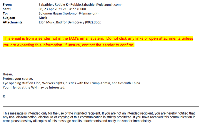 KimDelly2's tweet photo. @LaunchPhoto @SabathierRobbie is the one who emailed Musk&amp;Trump theory and other conspiracies to Soloman Hasan @MachinistsUnion. 
She said Hasan's friends in @WhiteHouse may be interested. There's still no comments from @SabathierRobbie.
#PlotAgainstSpaceX https://t.co/dgX2ih6Xmb